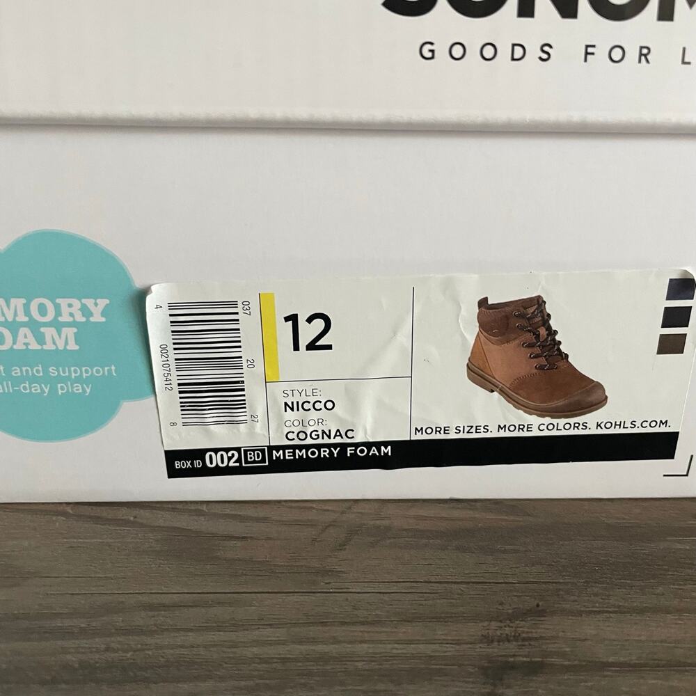 Sonoma Nicco Toddler Boys Boots Size 12 Cognac Brown Memory Foam Ankle Boots Box - Picture 10 of 11
